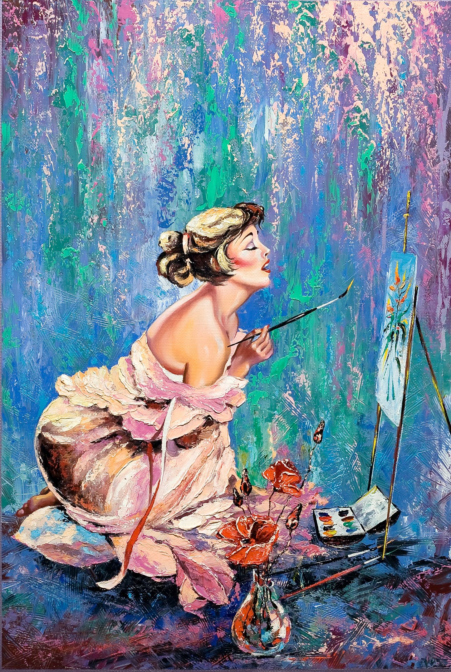 Gemälde einer sitzenden Frau mit Pinsel vor einer kleinen Leinwand, umgeben von Blumen und Farbpalette