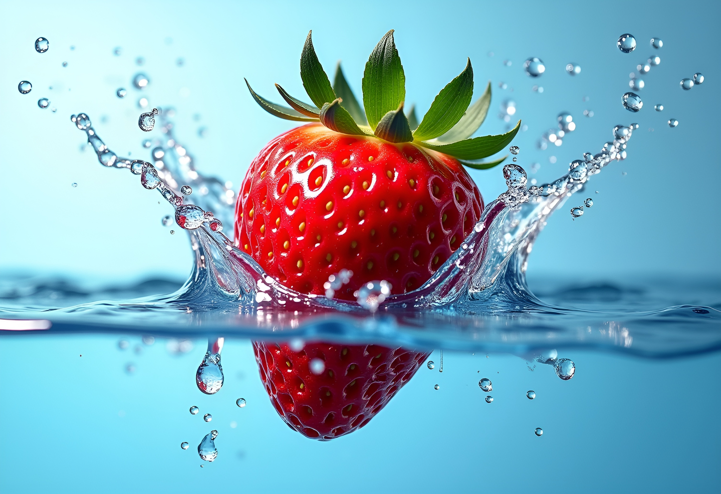 Leuchtend rote Erdbeere mit Wasserspritzern auf blauem Hintergrund