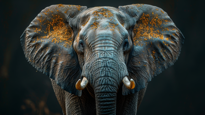 Frontaler Elefant mit dunkler Haut, sichtbaren Stoßzähnen und goldfarbenen Staubspuren auf Kopf und Ohren