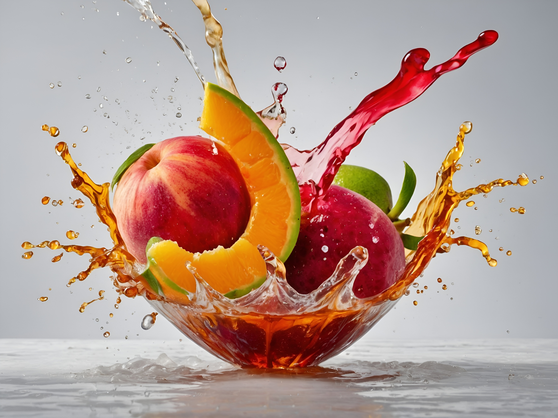 Komposition aus roten Früchten, Orangenscheibe und Limette mit farbigen Flüssigkeitsspritzern auf hellem Hintergrund
