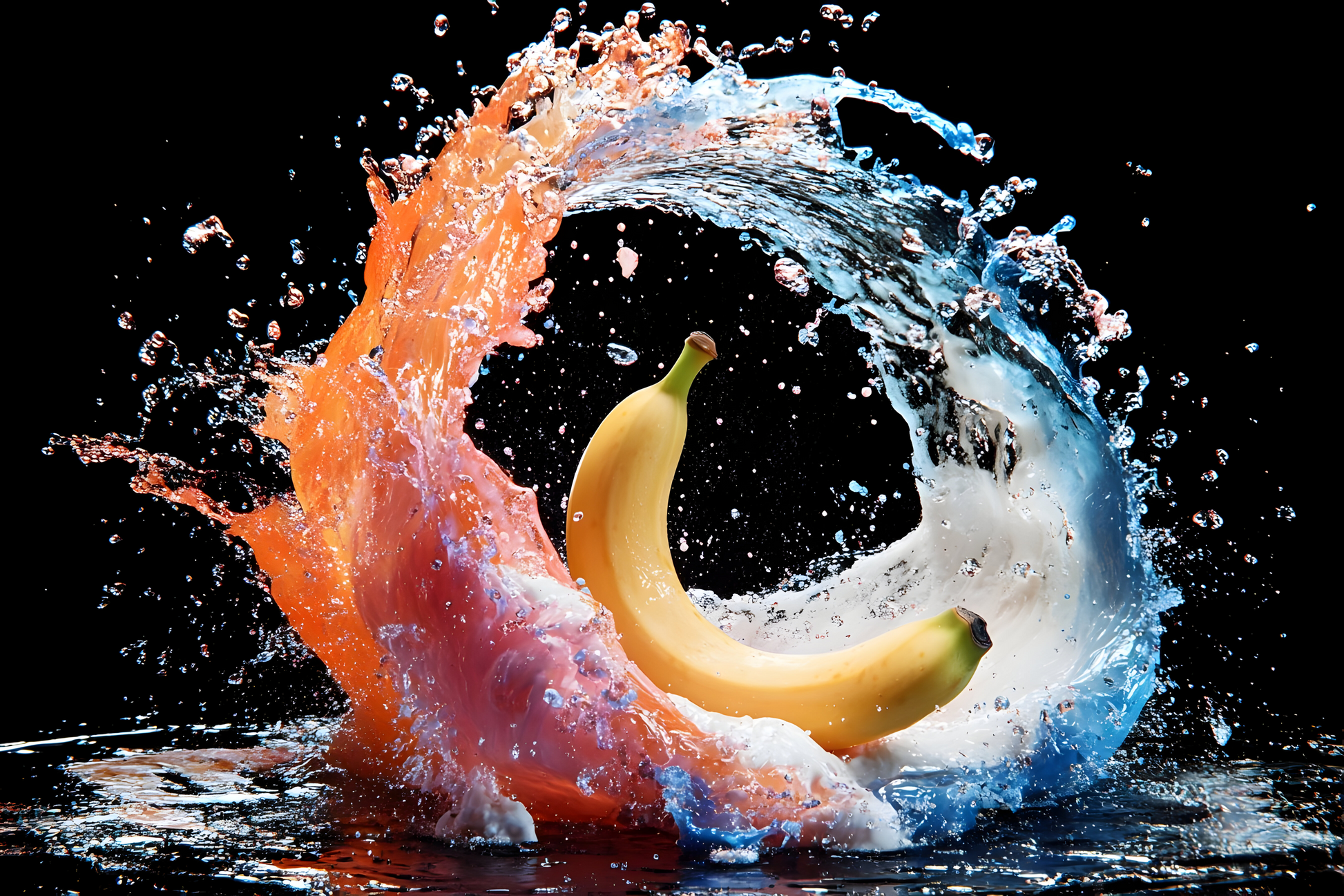Gelbe Banane im Zentrum einer kreisförmigen Wasser- und Farbsplash-Komposition vor schwarzem Hintergrund