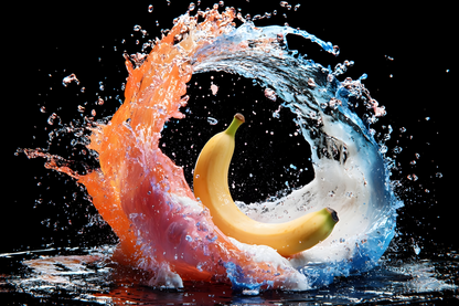 Gelbe Banane im Zentrum einer kreisförmigen Wasser- und Farbsplash-Komposition vor schwarzem Hintergrund