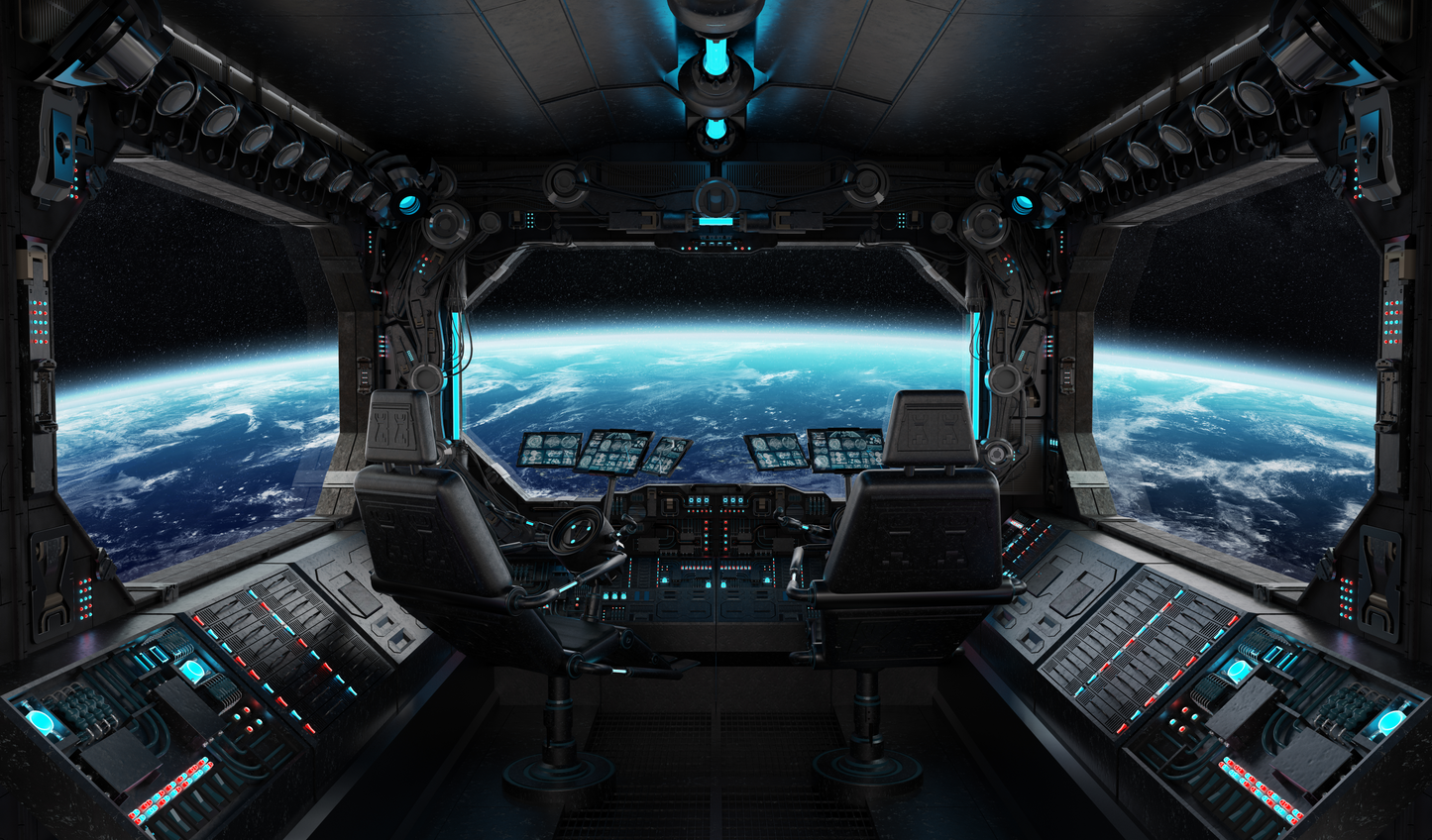 Futuristisches Raumschiff-Cockpit mit Blick auf die Erde, dunklen Metallflächen und leuchtenden cyanblauen Bedienelementen.
