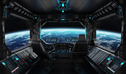 Futuristisches Raumschiff-Cockpit mit Blick auf die Erde, dunklen Metallflächen und leuchtenden cyanblauen Bedienelementen.