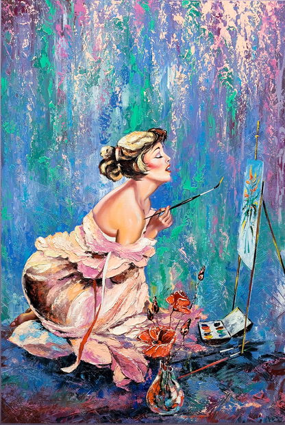 Gemälde einer sitzenden Frau mit Pinsel vor einer kleinen Leinwand, umgeben von Blumen und Farbpalette