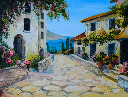Gemälde einer mediterranen Gasse mit blühenden Häusern, Steinweg und Blick auf das Meer