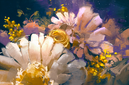 Gemälde eines lockeren Blumenarrangements mit weißen und violetten Blüten sowie gelben Akzenten