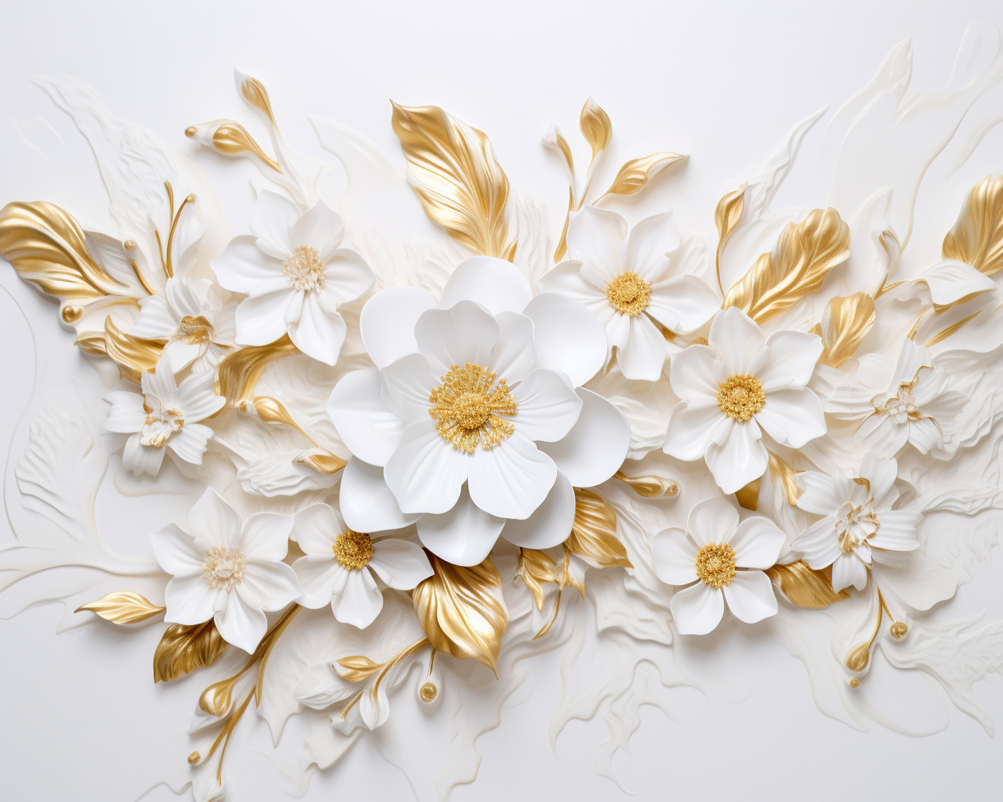 Weiße Blütenkomposition mit goldenen Blättern und floralen Reliefdetails auf hellem Hintergrund