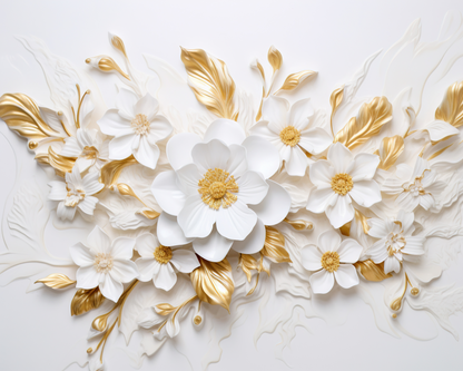 Weiße Blütenkomposition mit goldenen Blättern und floralen Reliefdetails auf hellem Hintergrund
